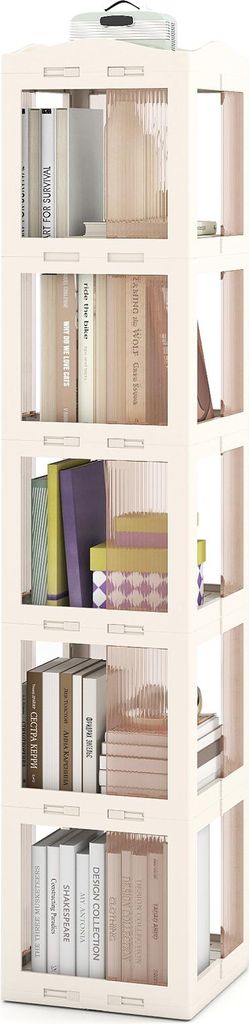 A tall, narrow, rotating bookshelf filled with books and decorative boxes.