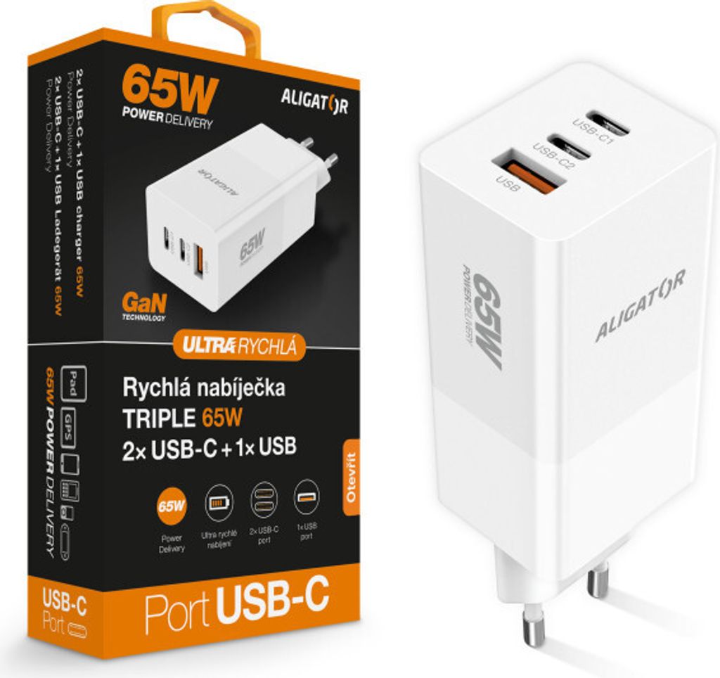 Aligator nabíječka PD65W, 2USB-C, 1xUSB-A, bílá