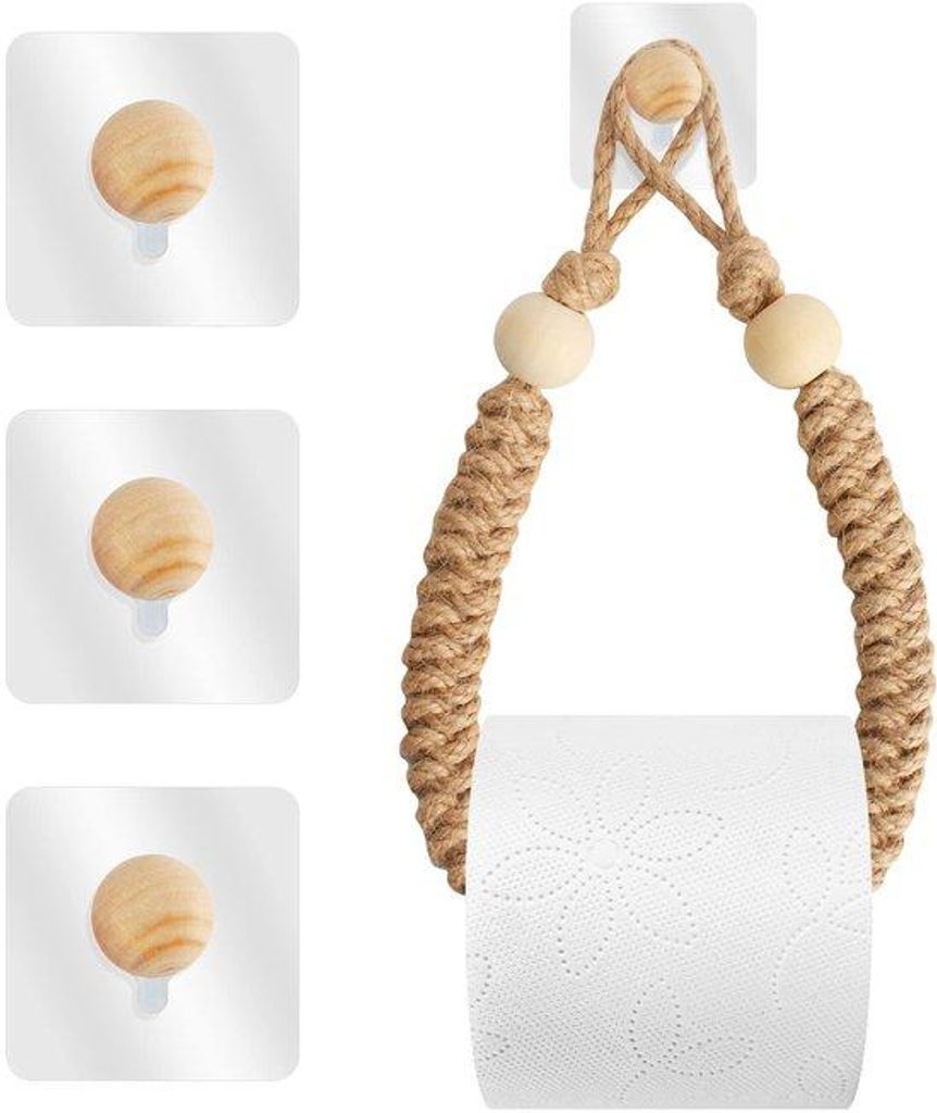 Vintage-Industrie-Touw-Toiletrolhalter mit 3 Klebhaaken, Badkamer-Accessoire, Jute-Design