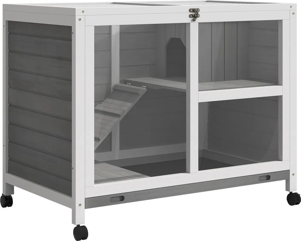 PawHut Cage à Lapin en Bois Massif 2 Étages 91,5x53,3x73 cm Coloris Gris