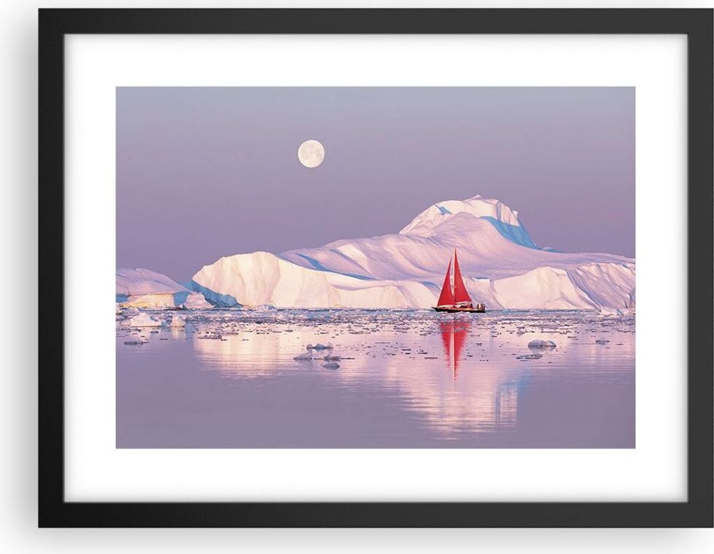 Gerahmtes Poster - Schwarzer Rahmen - Segelschiff Mond Gletscher - 40x30 cm - Wand Bild - Wanddeko - Wandbilder - Kunstposter - Wandposter - Bilder...
