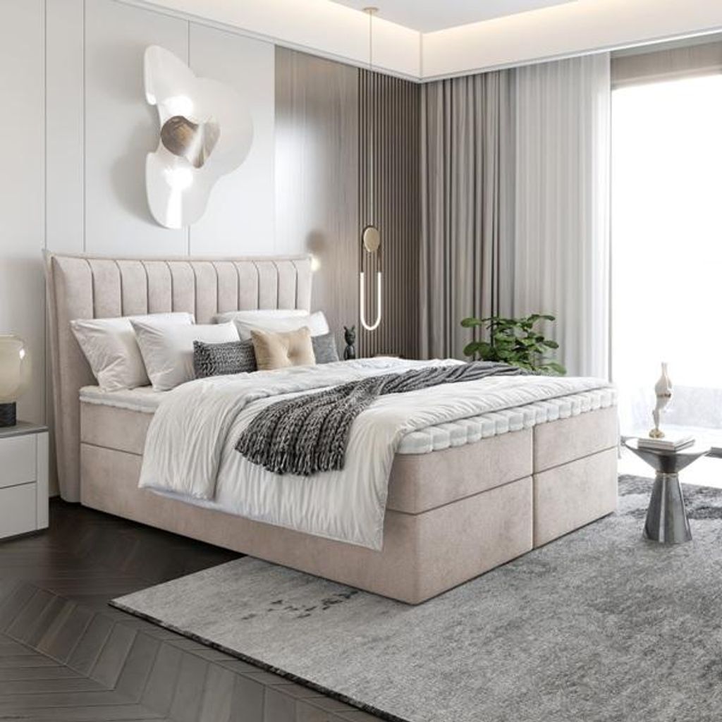 Bett Boxspringbett LUNA ohne Topper mit Bettkästen - Doppelbett, Stauraum, Schlafzimmer, Polsterbett, Bettgestell (200x200, Beige - ITAKA 46)