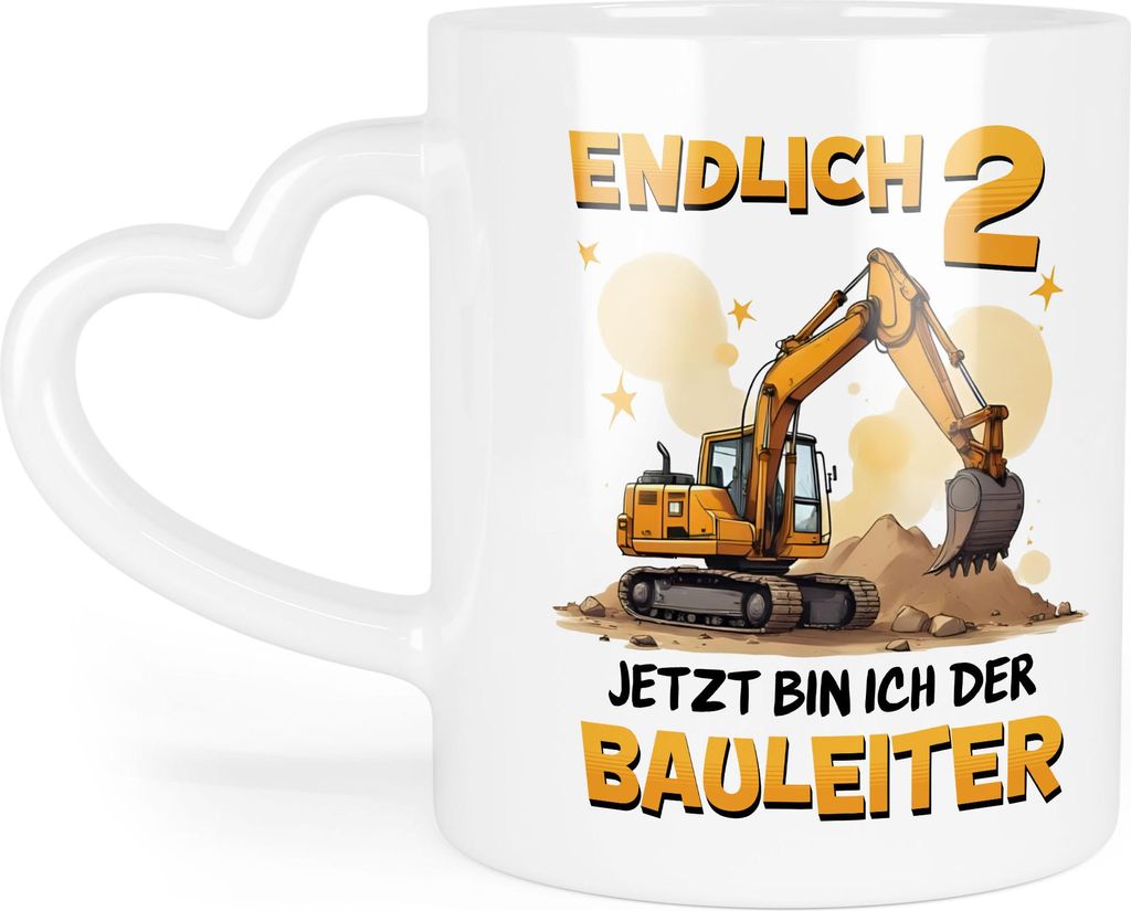 Herzhenkel Tasse Endlich 2 Bauleiter – Liebevolle Kindertasse mit Bagger-Motiv