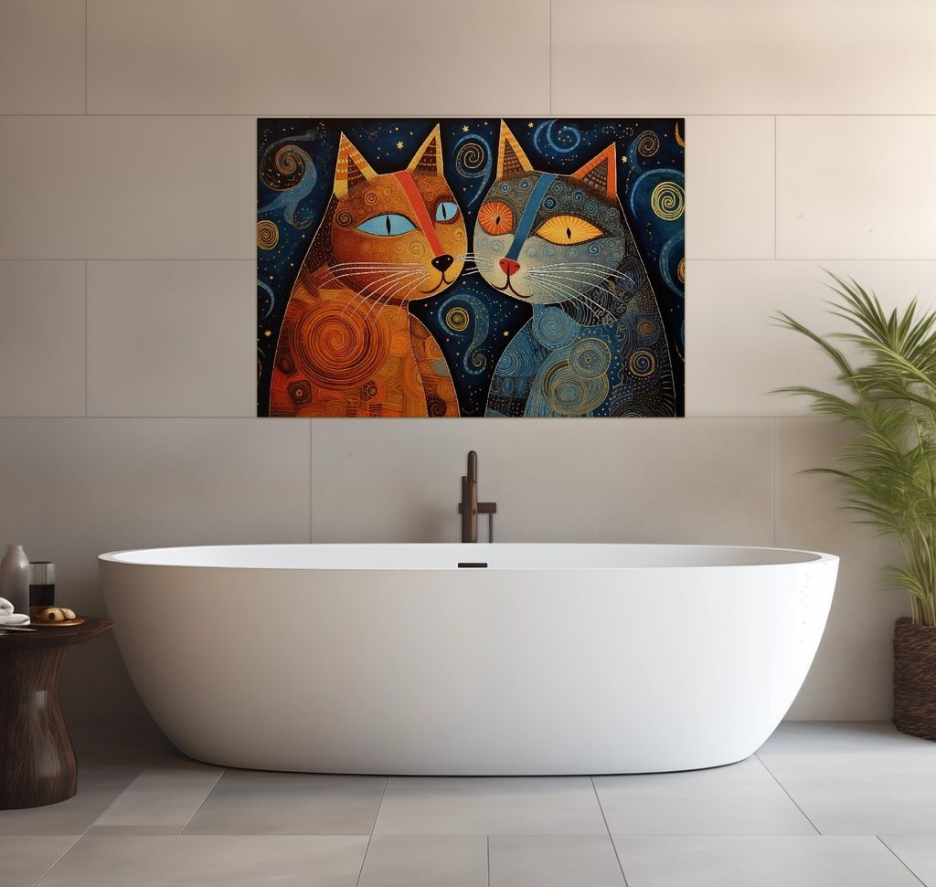 Wallario wasserfestes Poster selbstklebend 70 x 100 cm, Kosmische Katzenfreunde, Badezimmerposter Spritzschutz mit Hochglanzoberfläche in Glasoptik