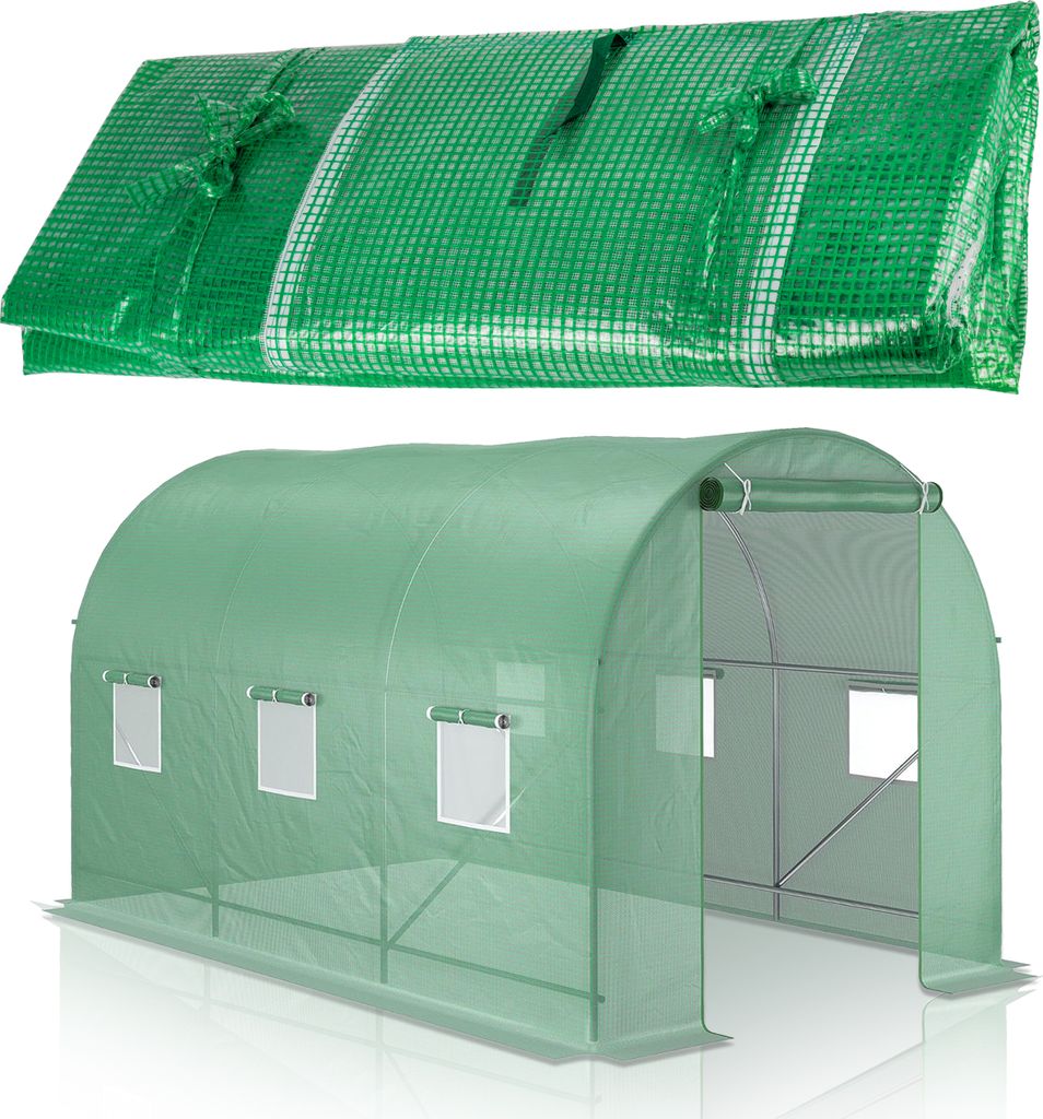 A green greenhouse cover is shown folded at the top, and a green greenhouse structure is shown below.