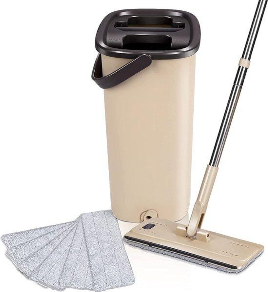 Mop und Eimer Set, 2-Kammer, flach, für nasse und trockene Verwendung, 6 Pads