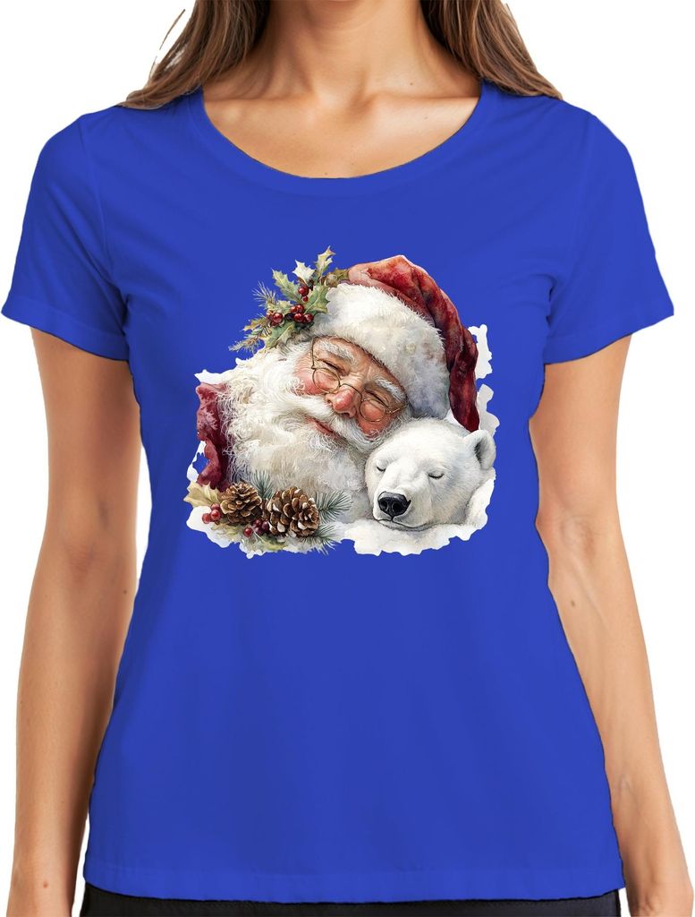 Weihnachtsmann Eisbär Tannenzapfen Weihnachten Aquarell Vintage Damen T-Shirt, Blau, XL