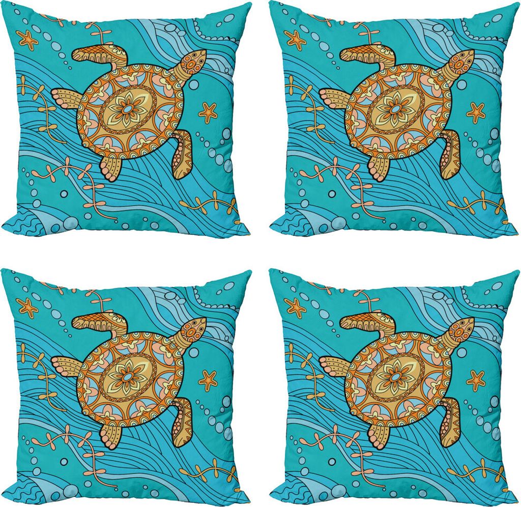 ABAKUHAUS Schildkröte Kissenbezug Set (4 Stück), Doodle Wasser, Moderner Doppelseitiger Digitaldruck, 50 cm x 50 cm, Türkis