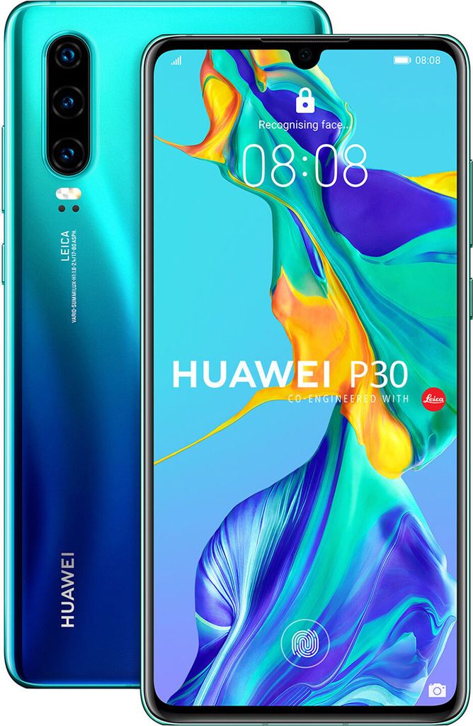 A product shot of a Huawei P30 smartphone, showing both the front and back.