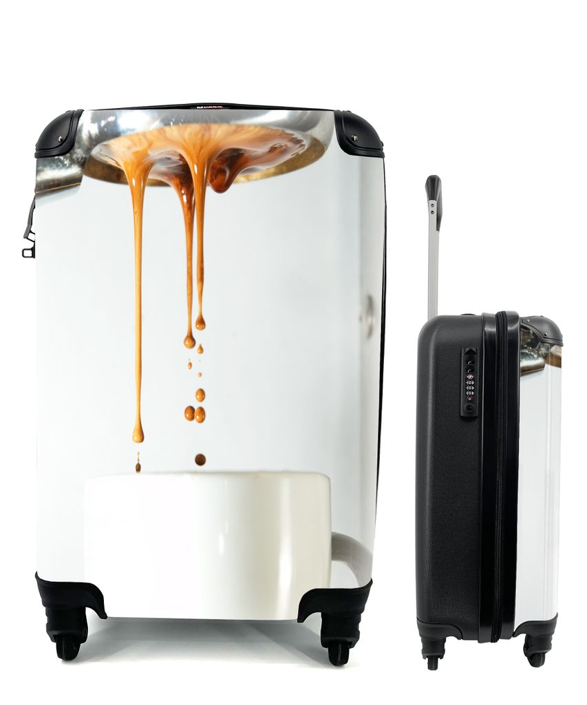 MuchoWow Koffer Handgepäck Trolley Rollkoffer Kleine Reisekoffer mit 4 Rollen - Der Kaffee fließt aus der Kaffeemaschine in die Kaffeetasse - C...
