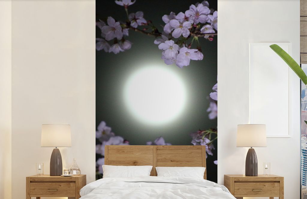 MuchoWow Fototapete für Wohnzimmer oder Schlafzimmer Wandtapete Vinyl Motivtapete Mond - Schwarz - Blüte - 120x240 cm - Hintergrundbild