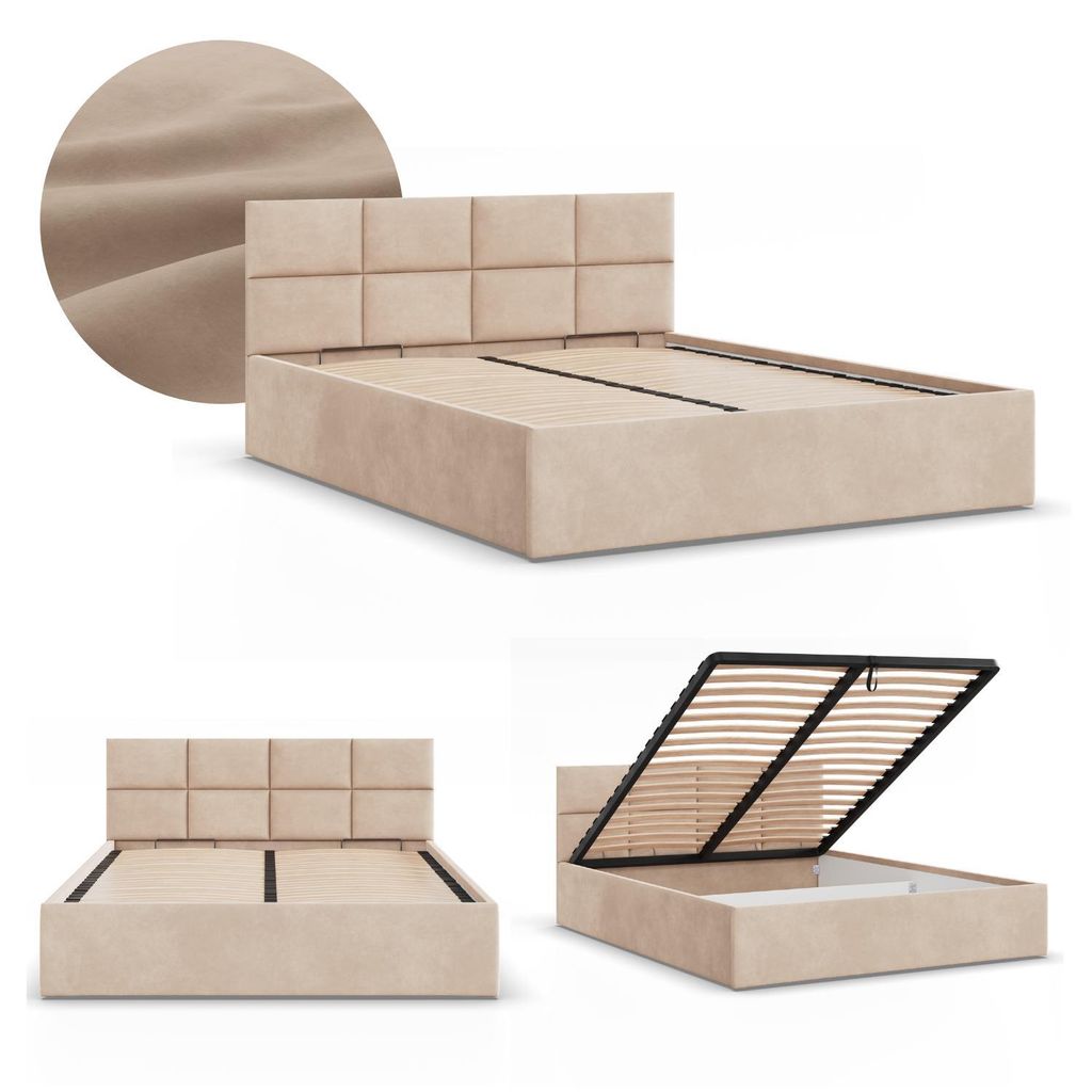 Modernes Polsterbett BORGO 160x200 mit Bettkasten & Lift-Lattenrost – Doppelbett mit viel Stauraum Beige Samt
