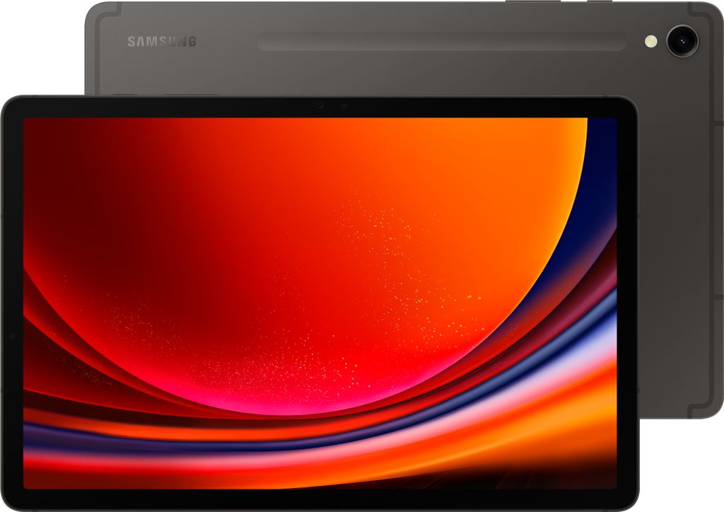 A Samsung Galaxy Tab S9 Enterprise Edition tablet is shown from the front and back, displaying its screen with a colorful abstract wallpaper.