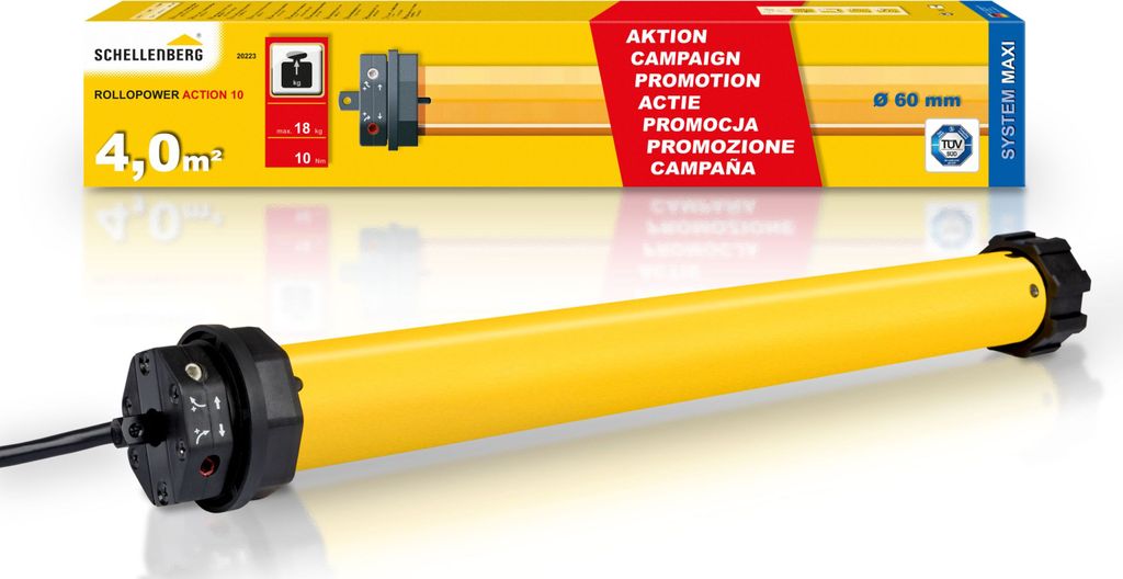 Schellenberg Rollladenmotor Action, mechanische Endlageneinstellung, 10Nm Maxi, Rohrmotor für 60mm Welle bis zu 4,0m², 20223