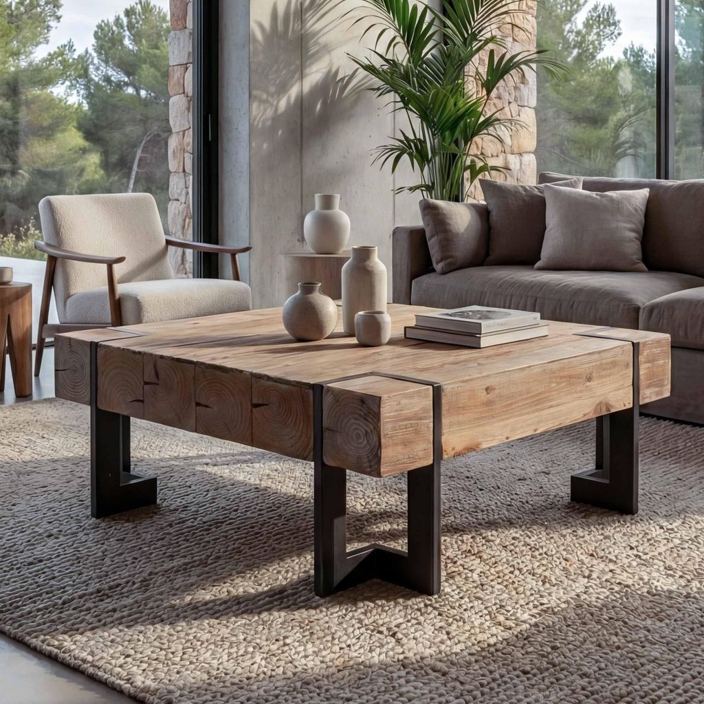 Couchtisch HWC-A15, Wohnzimmertisch, Tanne Holz rustikal massiv MVG- naturfarben 90x90cm