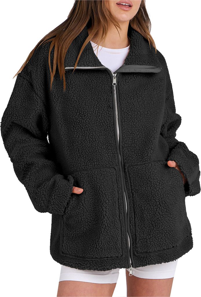 ASKSA Damen Teddy Fleece Jacke Warme Flanell Jacke Dicke Freizeit Winterjacke Einfarbig Fleecejacke mit Taschen Reissverschluss Wintermantel,Schwarz,L