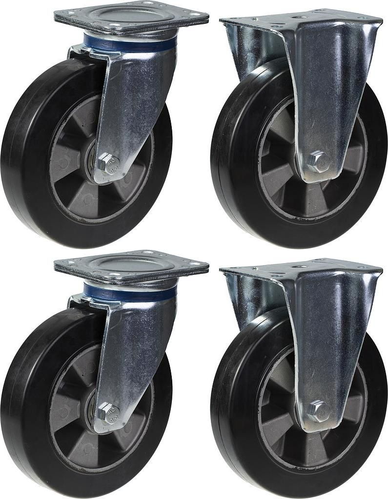 200mm 8" Lenkrollen aus schwarzem Gummi, drehbar und feststehend, Tragfähigkeit 1800kg, 4er Set