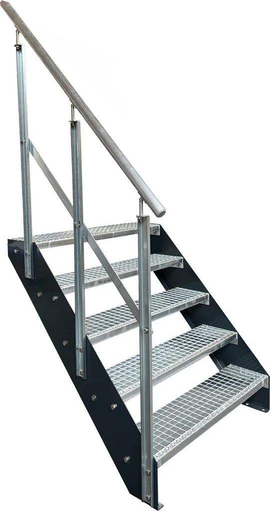 Gitterrost Stahl Wangentreppe 5 Stufen Verzinkt & Anthrazit Pulverlackierte Wangen + Geländer Links - (L x B x H) 101cm x 100cm x 95cm