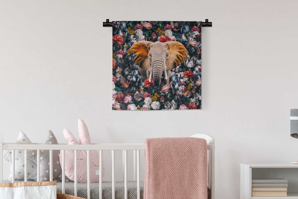 MuchoWow Wandteppich Wandbehang Elefant - Blumen - Tasse 60x60 cm Tapisserie Dekoration Wandtuch - Dekorationen - Wand Decke