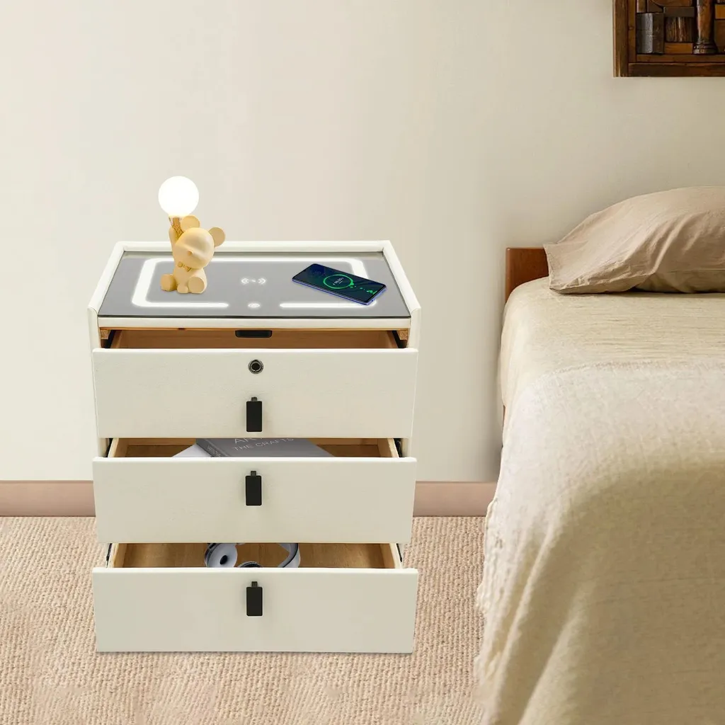 Commode de nuit connectée avec 3 tiroirs et port de charge USB Beige