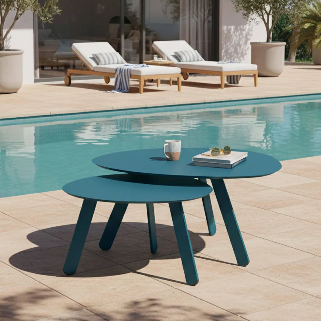 Table basse de terrasse modulable bleu pour apéritif et petit balcon