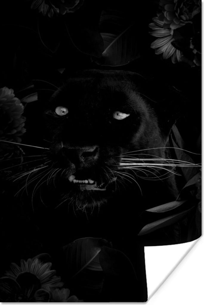 MuchoWow Poster Botanischer Panther vor schwarzem Hintergrund - schwarz und weiß 120x180 cm - Kunstposter