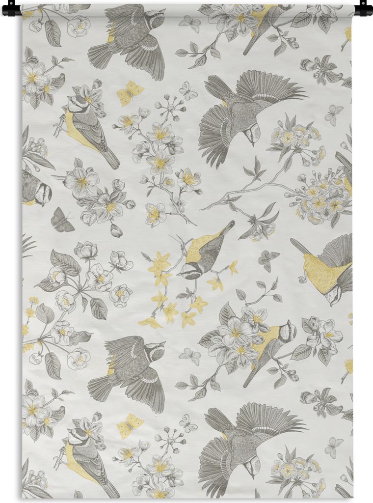 MuchoWow Wandteppich Wandbehang Blumen - Vogel - Muster 120x180 cm Tapisserie Dekoration Wandtuch - Schlafzimmer - Dekorationen für das Haus