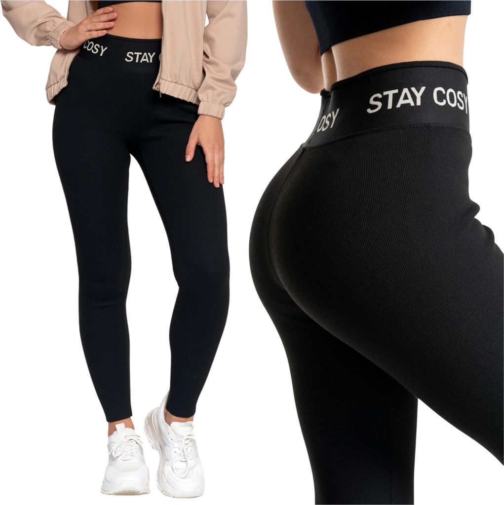 A woman wearing black leggings and a beige jacket, shown from the front and side.