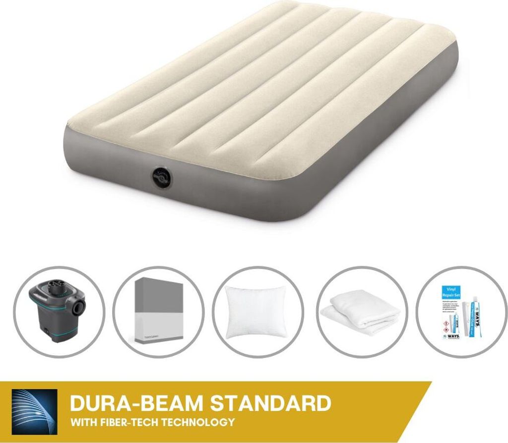 Intex Luftbett - 1 Person - 99 x 191 x 25 cm - Beige + Intex Elektropumpe - 650 Liter/Min + Spannbettlaken Anthrazit + Kopfkissen + Molton 2 in 1 K...