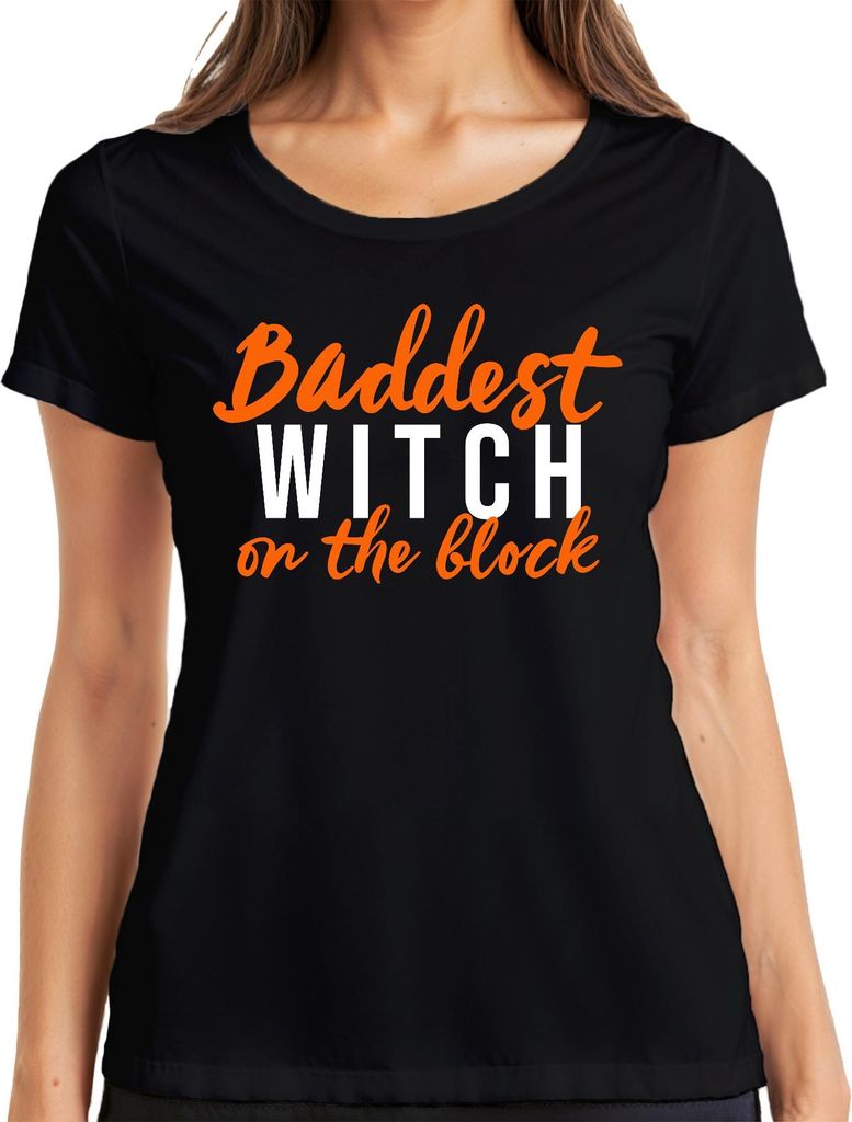 Baddest WITCH on the block Halloween Hexe Spruch Frau Geschenk Damen T-Shirt, Schwarz, M