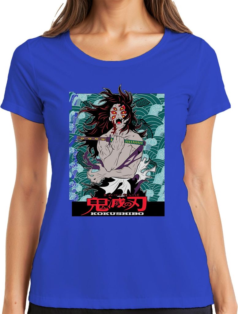 Kokushibo Dämon Schwert sechs Augen Anime Geschenk Halloween Damen T-Shirt, Blau, XXL