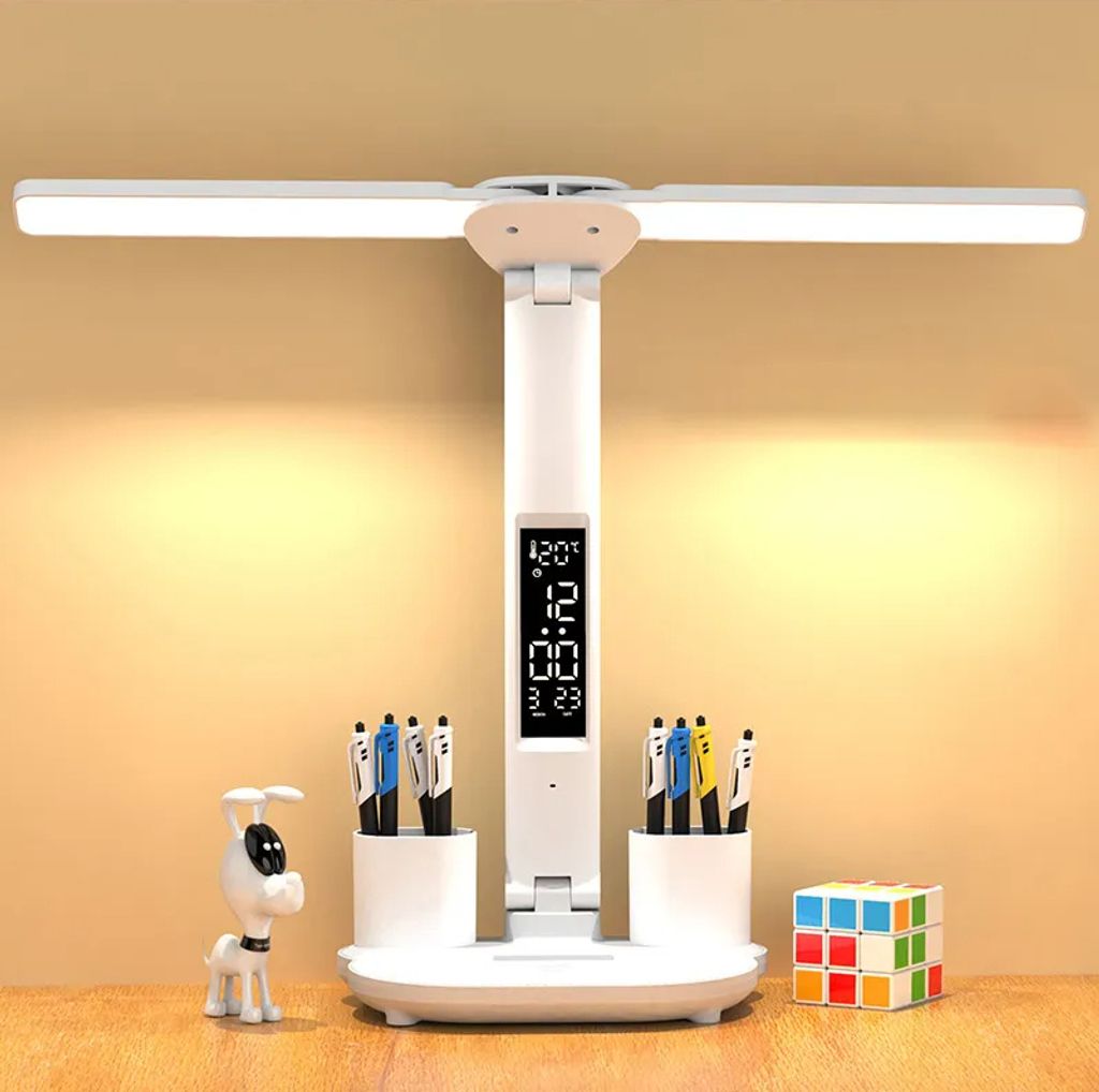 Tischlampe LED Doppelkopf Faltbar Touch mit Kalenderuhr USB Produktbild 