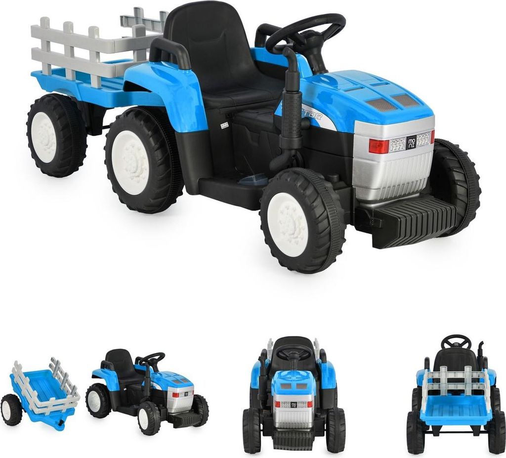 Moni Kinder Elektrotraktor Dallas mit Anhänger, Fernbedienung, Musik, Lichter blau