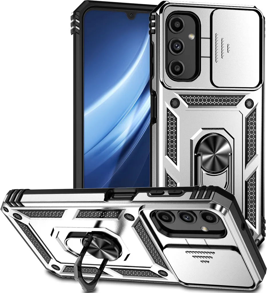 Custodia per Samsung Galaxy A25 5G a doppio strato con copertura scorrevole della fotocamera e supporto ad anello Argento