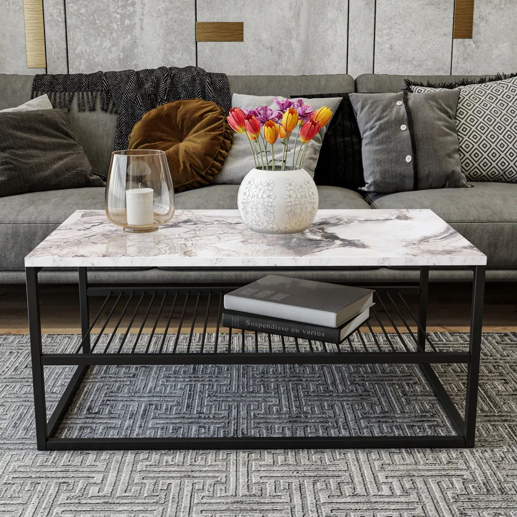 Table basse rectangulaire blanche Asude 95cm, meuble de salon design