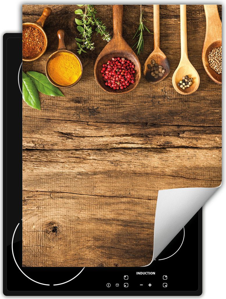 DarHaus Herdabdeckplatte Einteilig Küche Abdeckplatte für Glaskeramikfeld Abdeckung Induktionskochfeld Aufrollbare Matte 40x52 cm, Holz - Gewürze