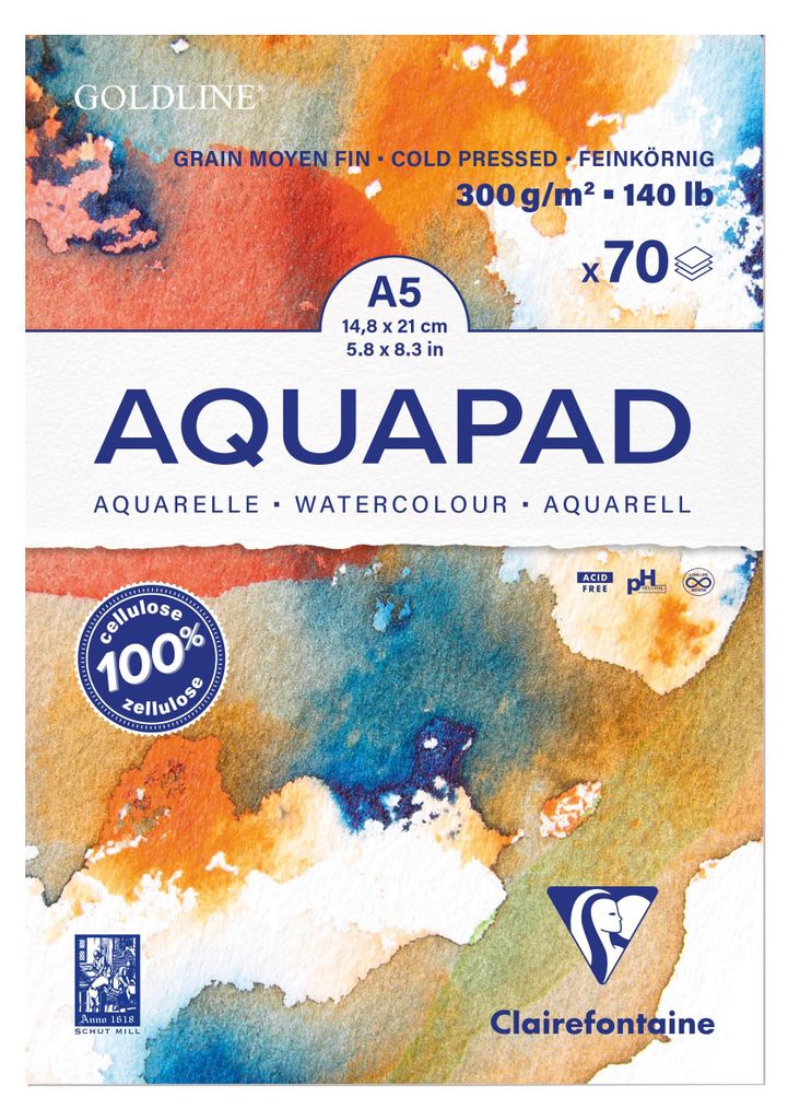 Bloc aquarelle Goldline Aquapad A5 encollé, 70 feuilles Image du produit 
