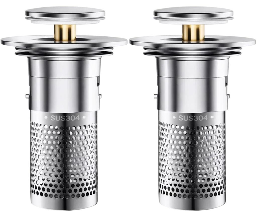 Abflussstopfen aus Edelstahl 304, 2 Stück, Pop-up-Abflusssieb mit Haarfänger, universeller Abflussstopfen für Küche und Bad, einfache Montage o...