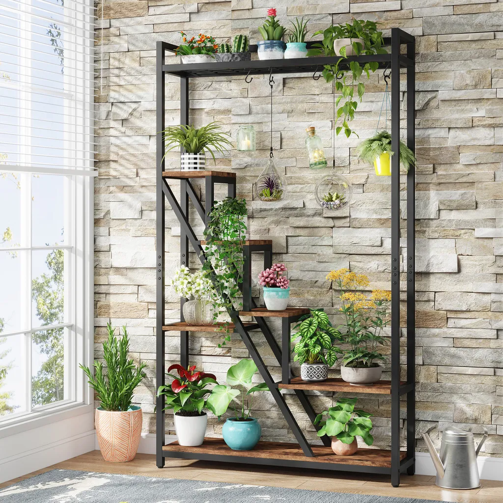 Grande Étagère pour Plantes Intérieur Style Industriel Bois et Métal Noir