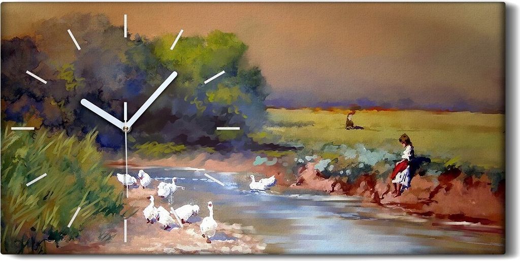 Leinwand Uhr Küche Wohnzimmer Bild Quarz 60x30 Ölgemälde Gänse Dorfbewohner - weiße Hände