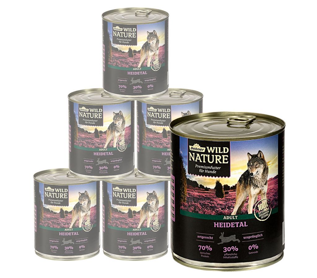 Dehner Wild Nature Hundefutter Heidetal, Nassfutter getreidefrei / zuckerfrei, für ausgewachsene Hunde, Kaninchen, 6 x 800 g Dose (4.8 kg)