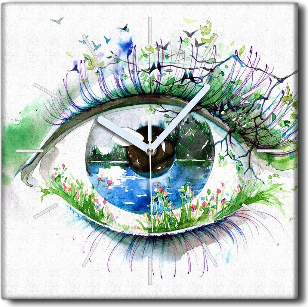 Coloray Uhr auf Leinwand 30x30 cm Wand Uhr Dekoration Wohnzimmer Segeltuch weiße Zeiger -Nature Lake Flowers.
