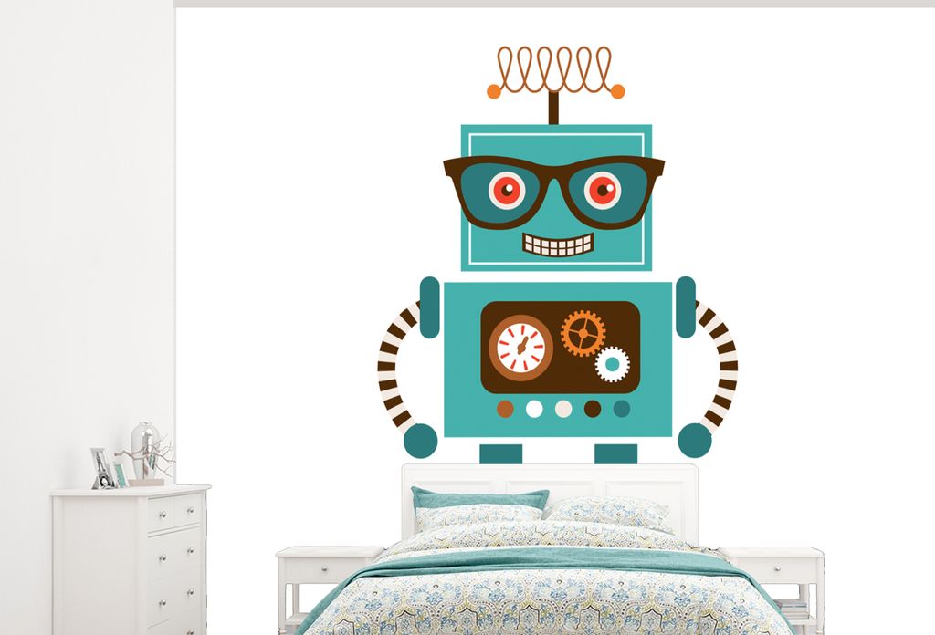 MuchoWow Fototapete für Wohnzimmer oder Schlafzimmer Wandtapete Vinyl Motivtapete Roboter - Schutzbrille - Zahnräder - Gesicht - Jungen - Kinde...