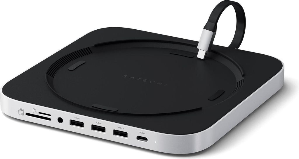 A Satechi USB-C hub for Mac Mini/Studio is shown from a slightly elevated front-side angle against a white background.