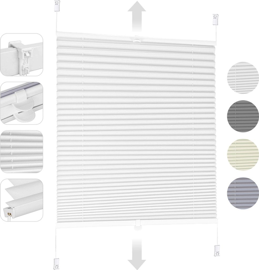Plissee Klemmfix ohne Bohren 40x100cm Weiß Sonnenschutzrollo Verspannt Blickdicht Lichtschutz Faltrollo Jalousie Rollos für Fenster und Tür
