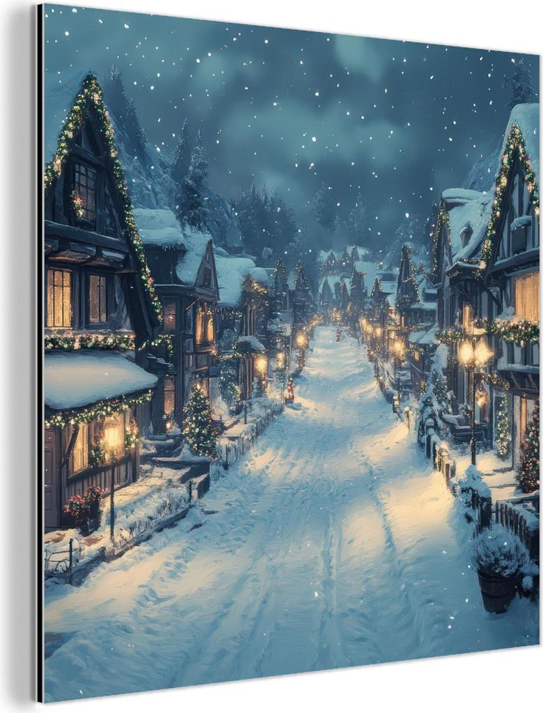 MuchoWow Wanddekoration Metall Metallbild Wandkunst 20x20 cm Weihnachtsdorf - Weihnachten - Schnee - Winter MuchoWow Aluminium Gemälde - Alu Dibon...