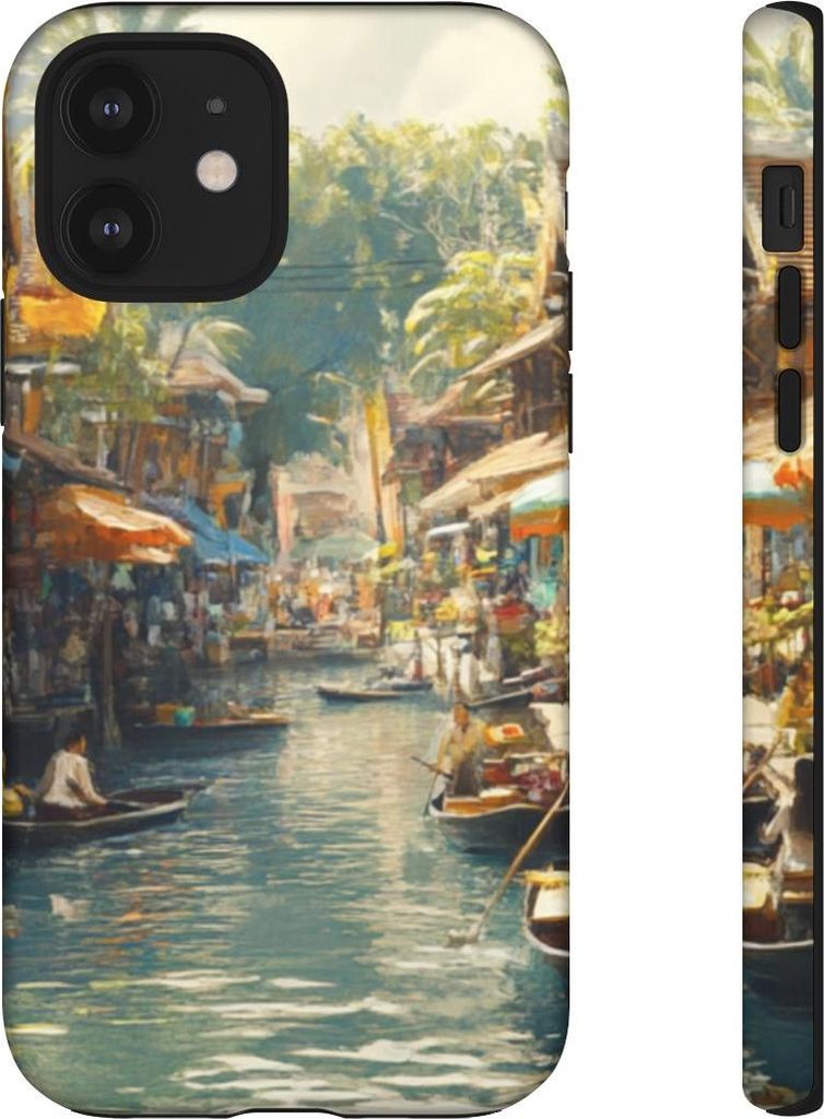 Lebhaftes Wassermarkt-Motiv mit Booten und Ständen – Hülle Kompatibel mit iPhone 12