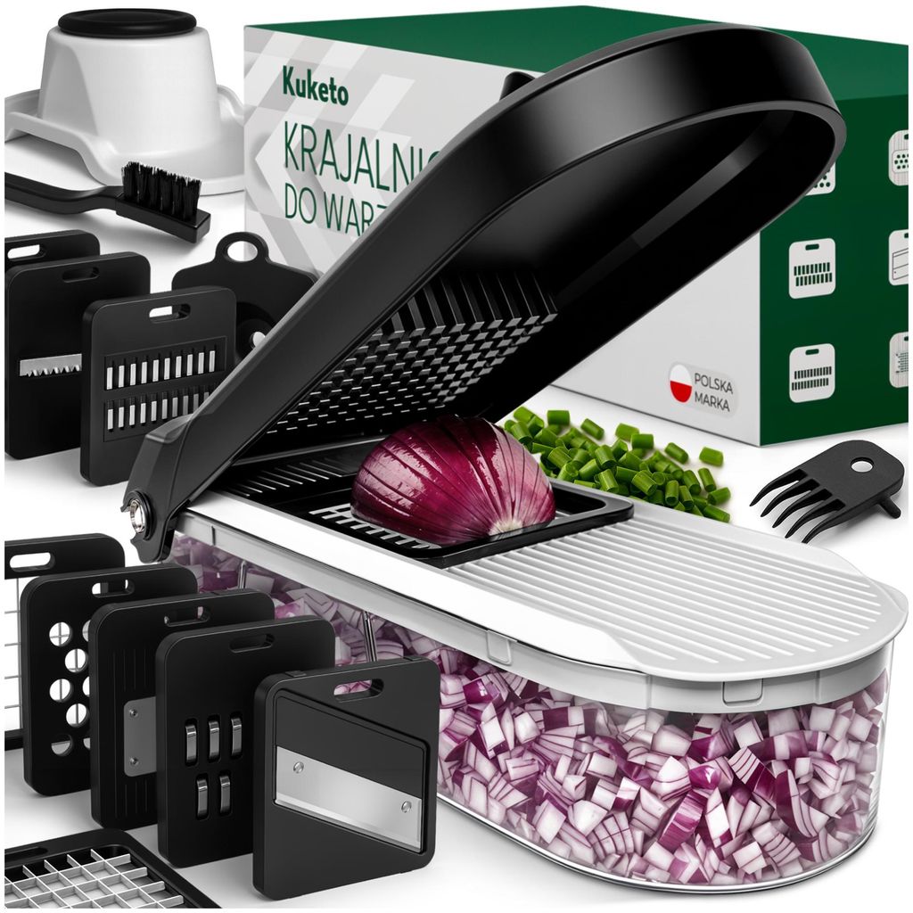 Kuketo | Multischneider 15-in-1 Mit Behälter – Gemüseschneider, Reibe & Mandoline – Edelstahlklingen – Küchenhelfer Für Gemüse, Obst & Eier