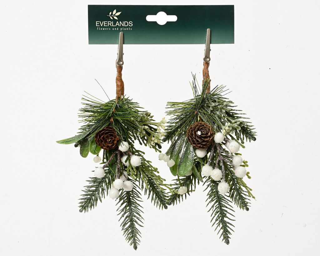 Künstliche Zweige mit Clip 22cm mit weißen Beeren & Zapfen 2er Set