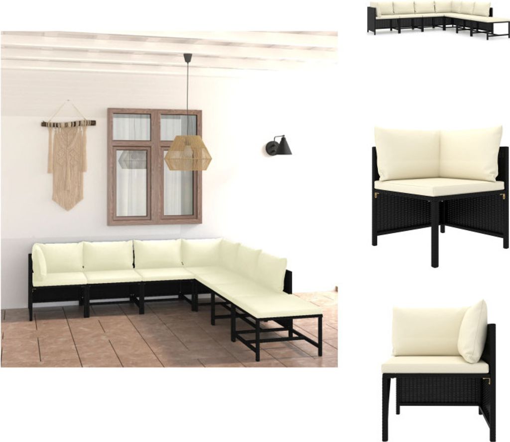 vidaXL 7-tlg. Garten-Lounge-Set mit Kissen Poly Rattan Schwarz - Gartenmöbel-Sets